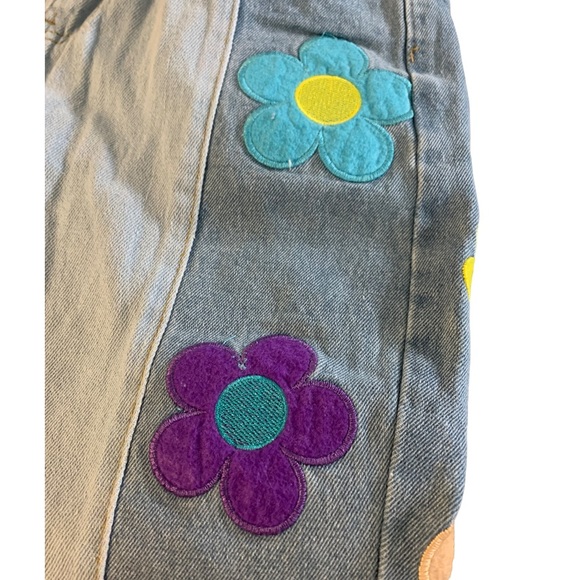 Blue Flower Power Hippie Embroidery Patchwork Flare High Waisted Wide Leg Jeans - Picture 8 of 14